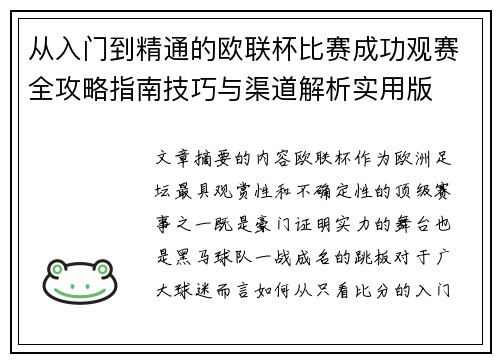从入门到精通的欧联杯比赛成功观赛全攻略指南技巧与渠道解析实用版 从入门到精通的欧联杯比赛成功观赛全攻略指南技巧与渠道解析实用版